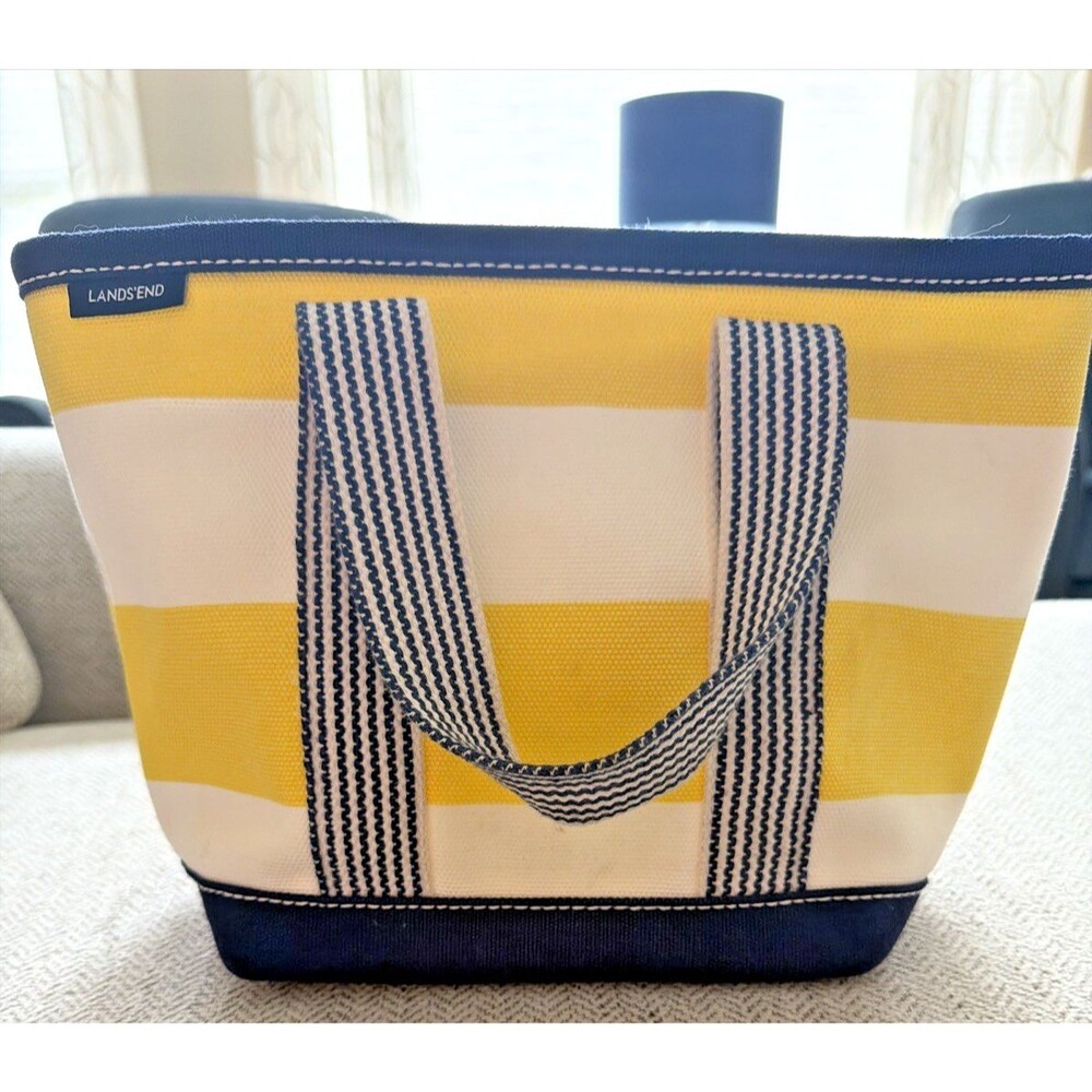 LANDS END Boat Bag Tote Nautical Yellow and Navy Stripe Mini